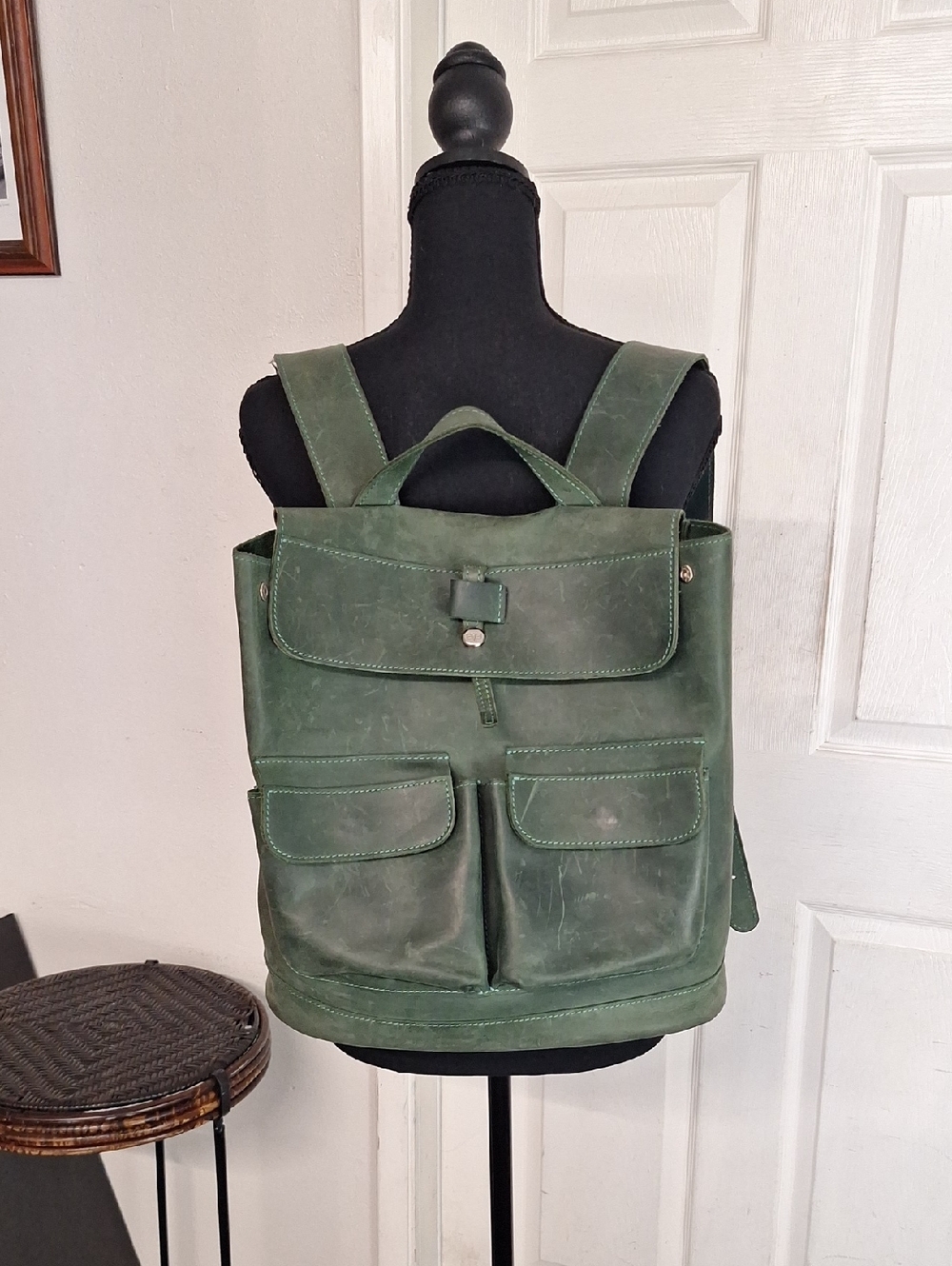 EvE Leather Backpack High Quality Green Adjustable Large School Office Bag